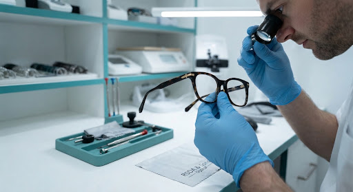 Optician carefully inspecting premium eyewear
