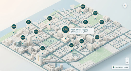 Stylized city map showing the store area